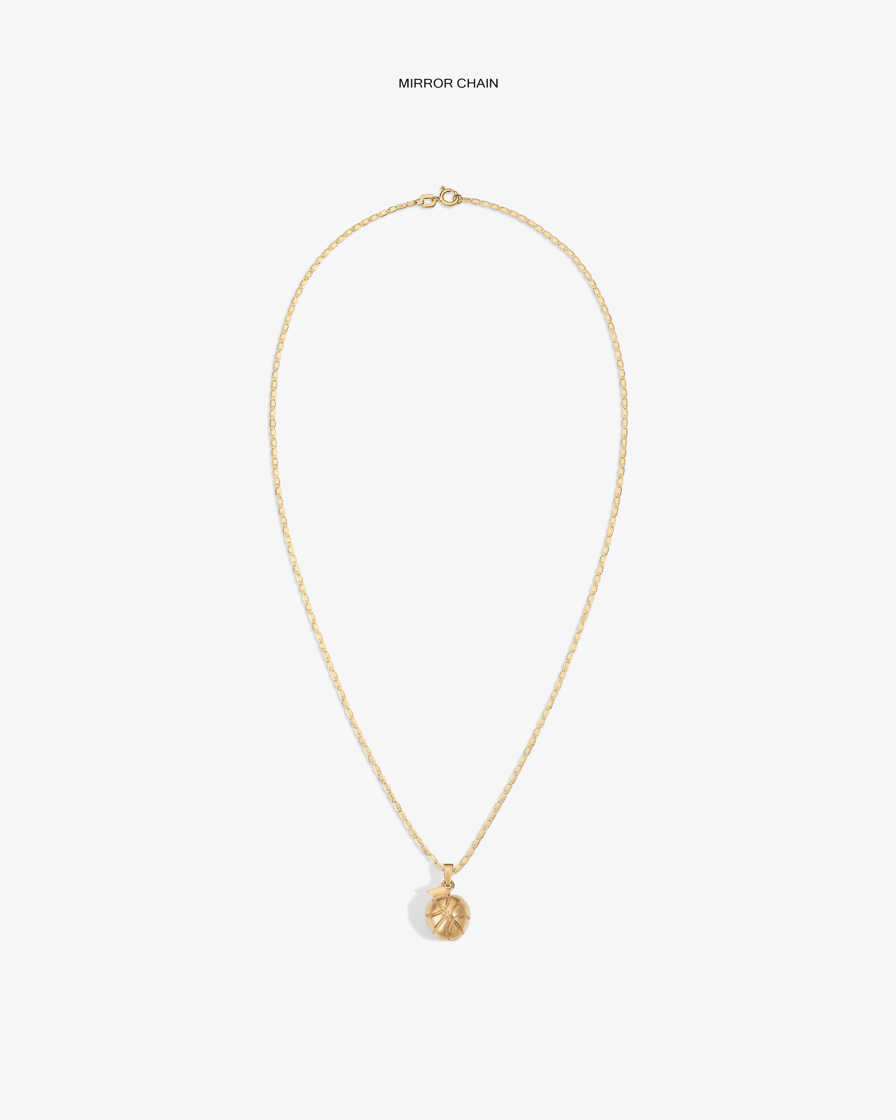 14Kt Sonny Apple Pendant necklace with round, engraved charm on white background. Text above: MIRROR CHAIN.