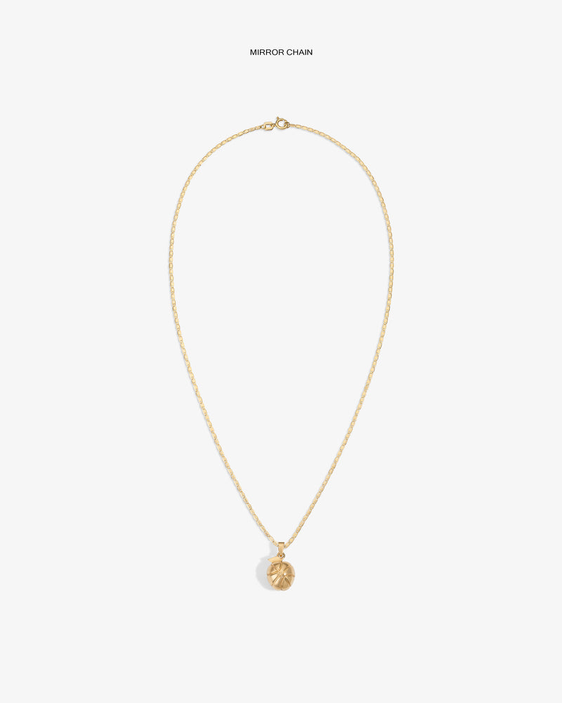 14Kt Sonny Apple Pendant necklace with round, engraved charm on white background. Text above: MIRROR CHAIN.