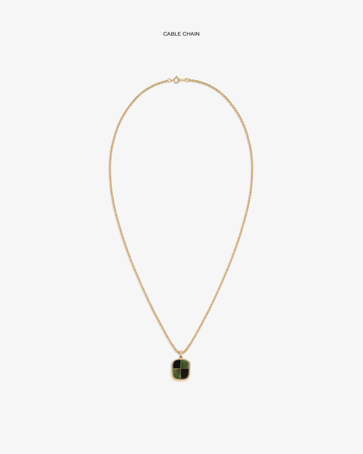 14Kt Gold Mosaic Pendant: gold cable chain necklace with square green and black pendant, on white background.