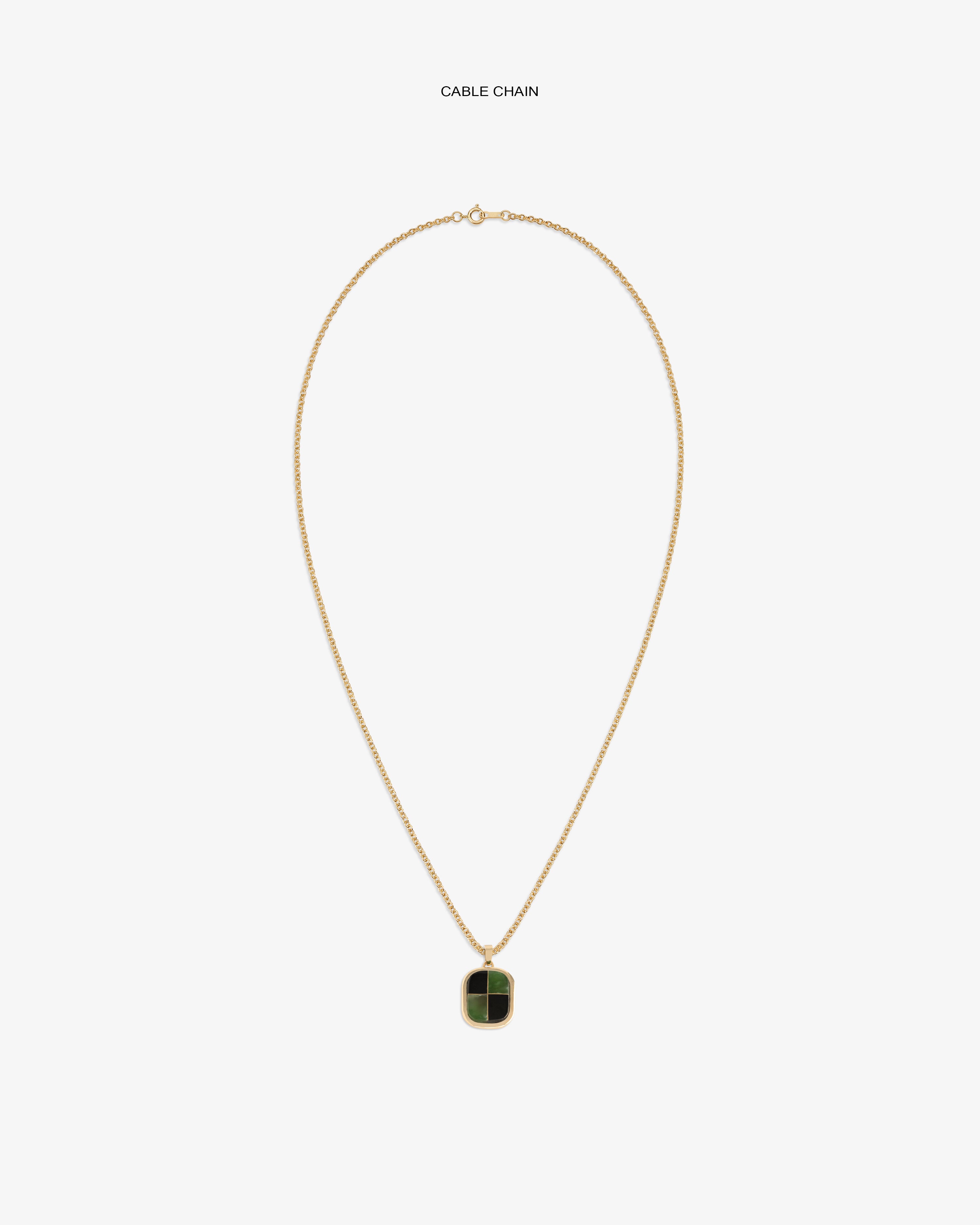 14Kt Gold Mosaic Pendant: gold cable chain necklace with square green and black pendant, on white background.