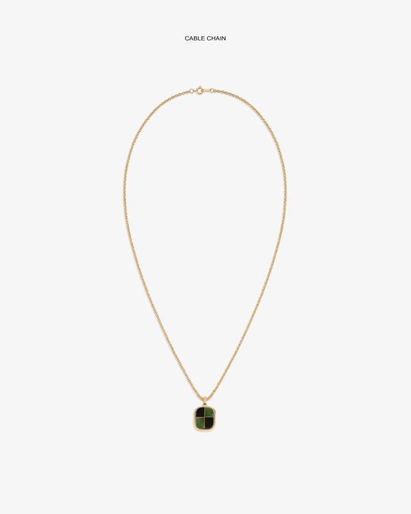 14Kt Gold Mosaic Pendant: gold cable chain necklace with square green and black pendant, on white background.
