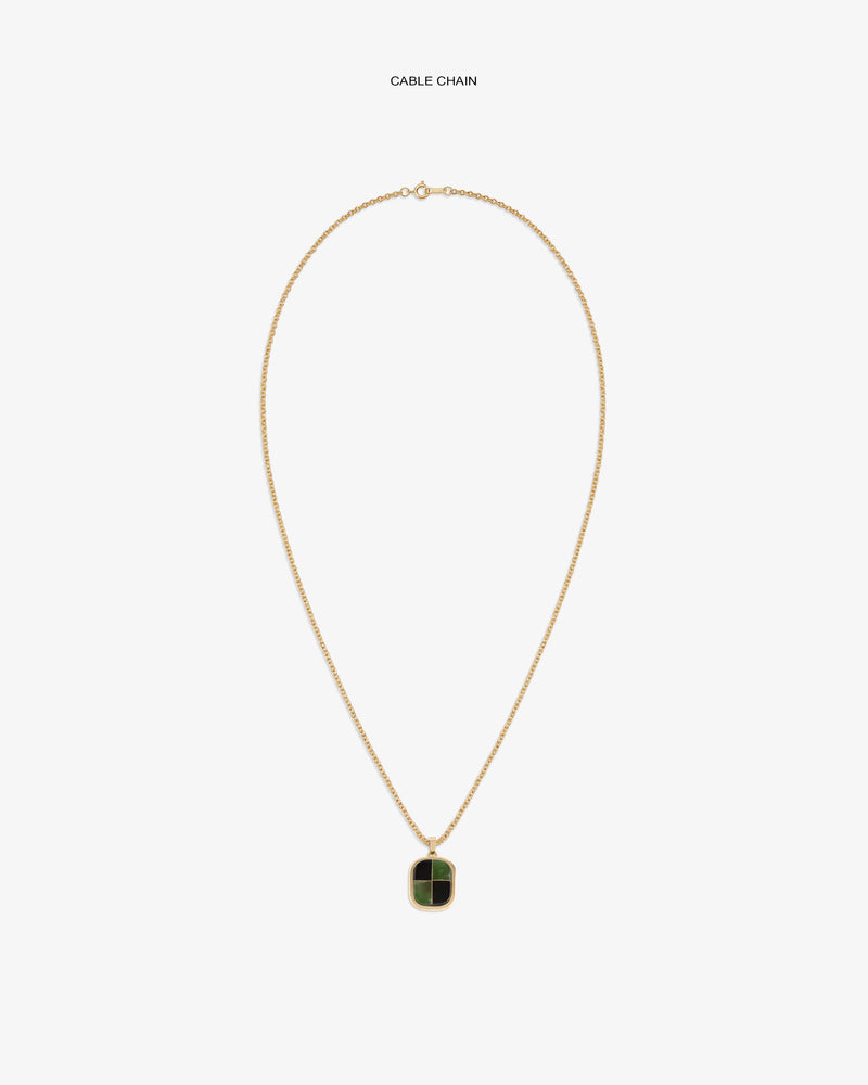 14Kt Gold Mosaic Pendant: gold cable chain necklace with square green and black pendant, on white background.