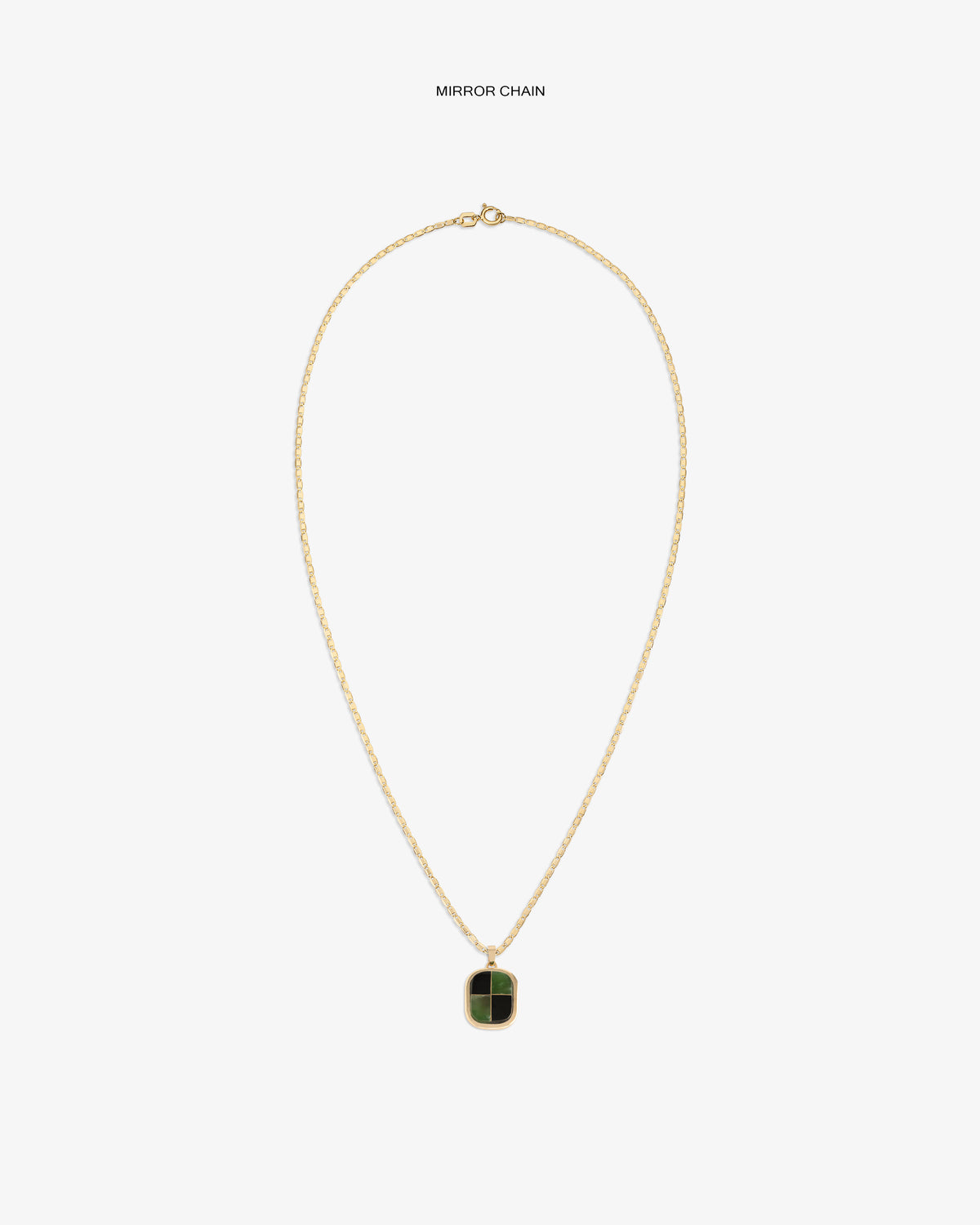 14Kt Gold Mosaic Pendant featuring a twisted chain and rectangular green stone, shown on a white background.