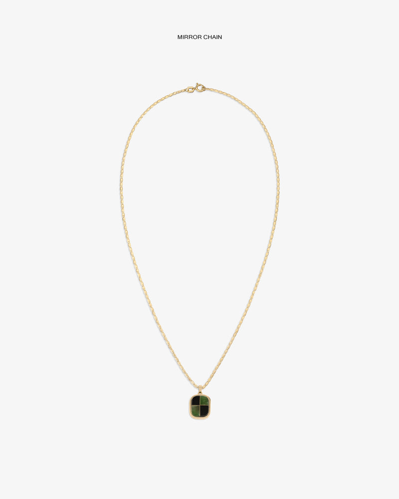 14Kt Gold Mosaic Pendant featuring a twisted chain and rectangular green stone, shown on a white background.