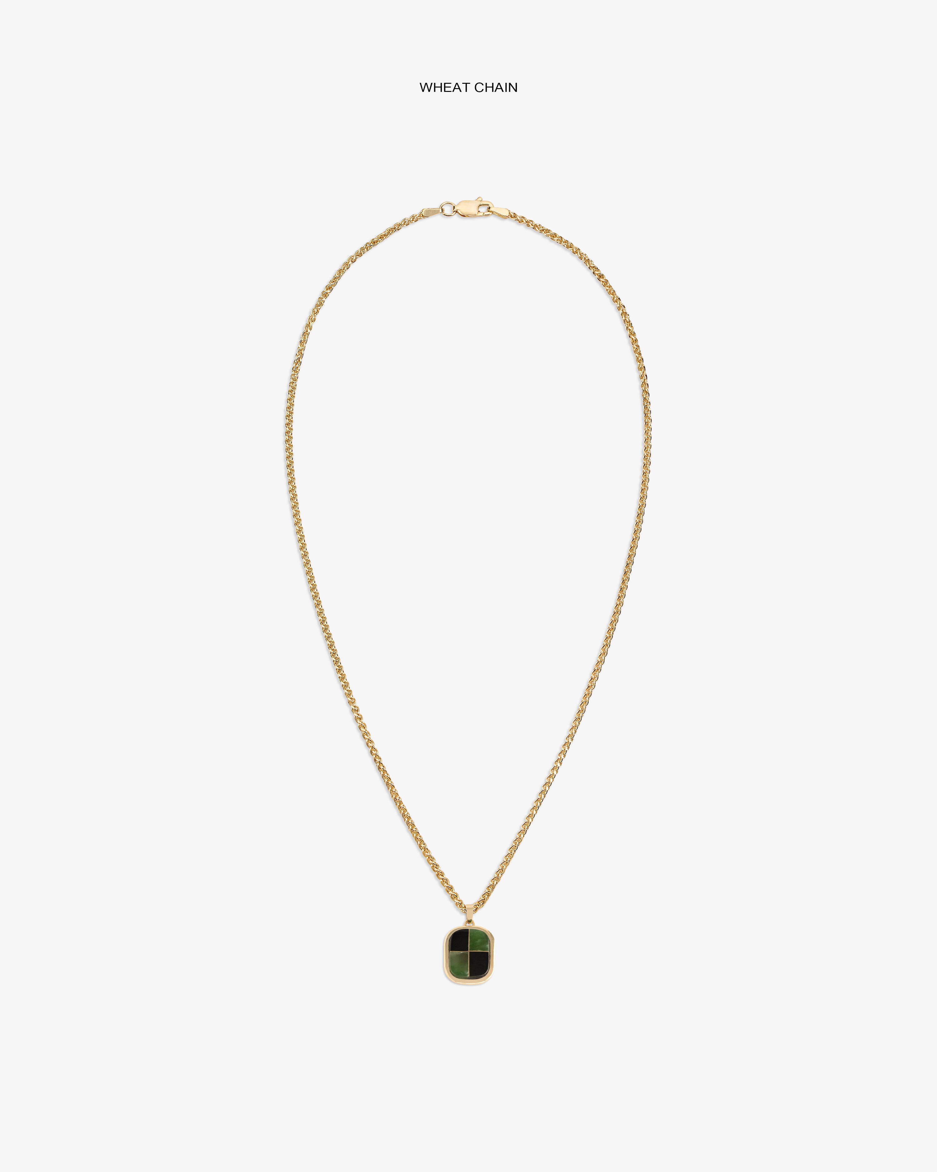 14Kt Gold Mosaic Pendant on a wheat chain with green and black accents, shown on a white background.