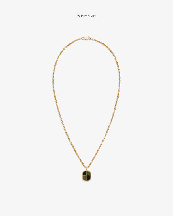 14Kt Gold Mosaic Pendant on a wheat chain with green and black accents, shown on a white background.