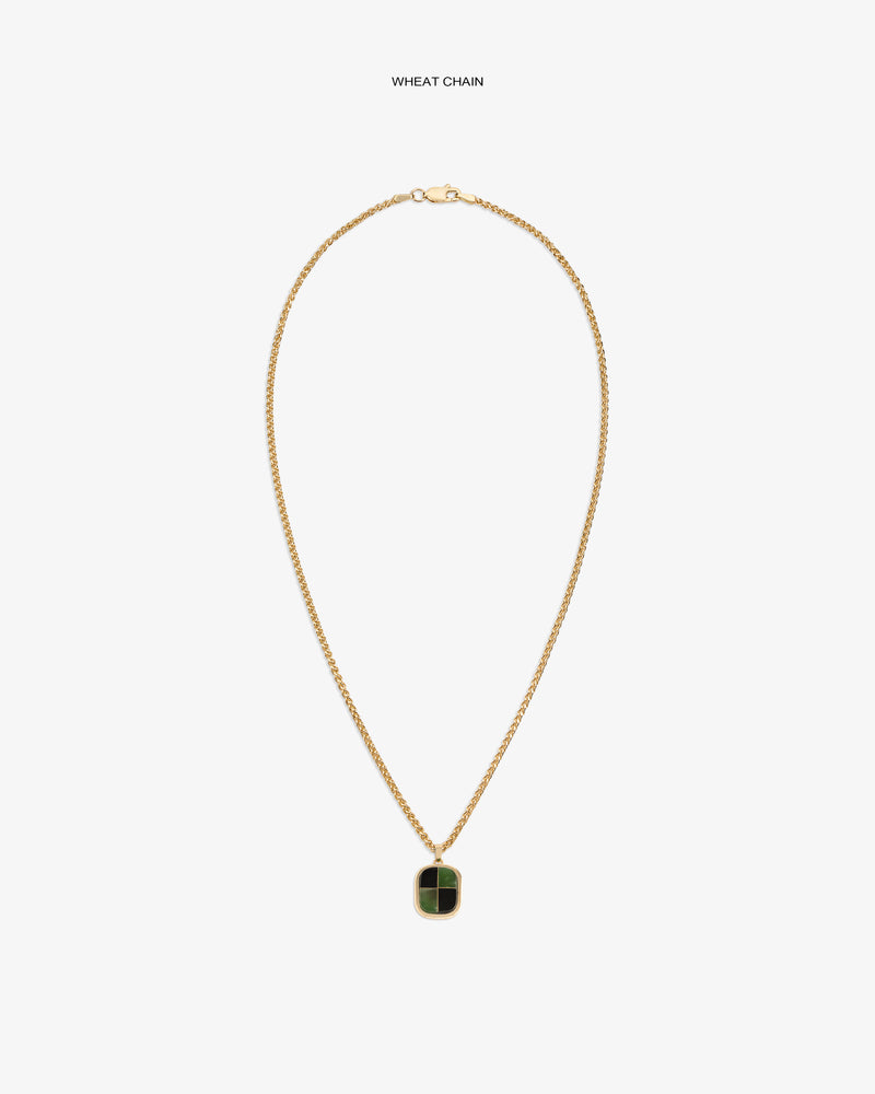 14Kt Gold Mosaic Pendant on a wheat chain with green and black accents, shown on a white background.