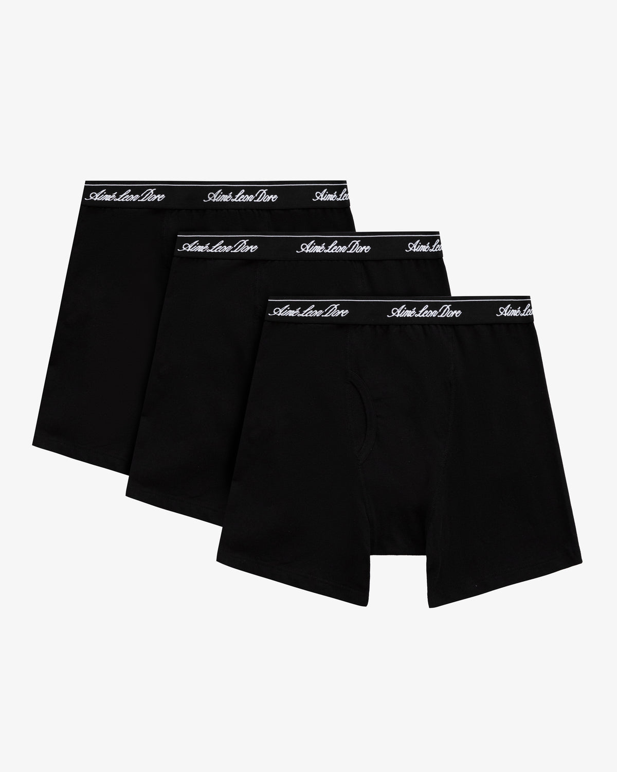 Boxer Brief 3-Pack: three black men's boxer briefs with black waistbands and white cursive writing.