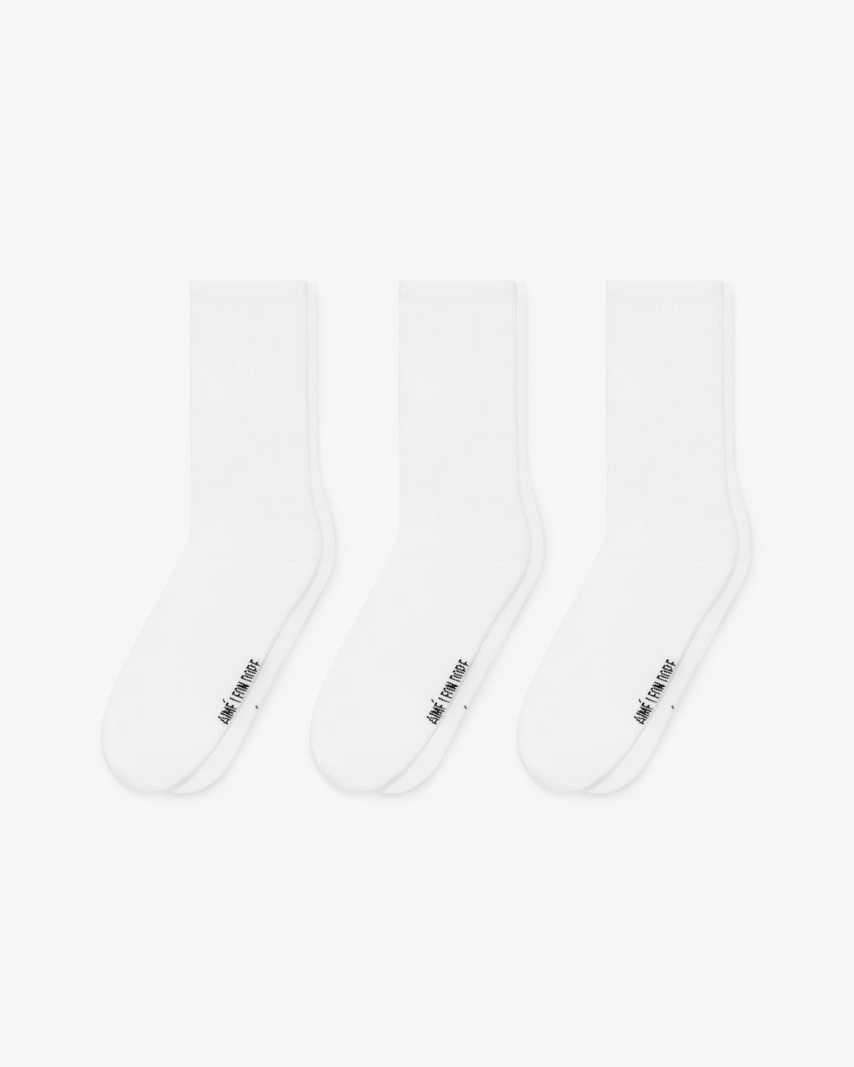 Crew Sock 3-Pack: Three pairs of plain white crew socks with small black text on the bottom, shown on a white background.