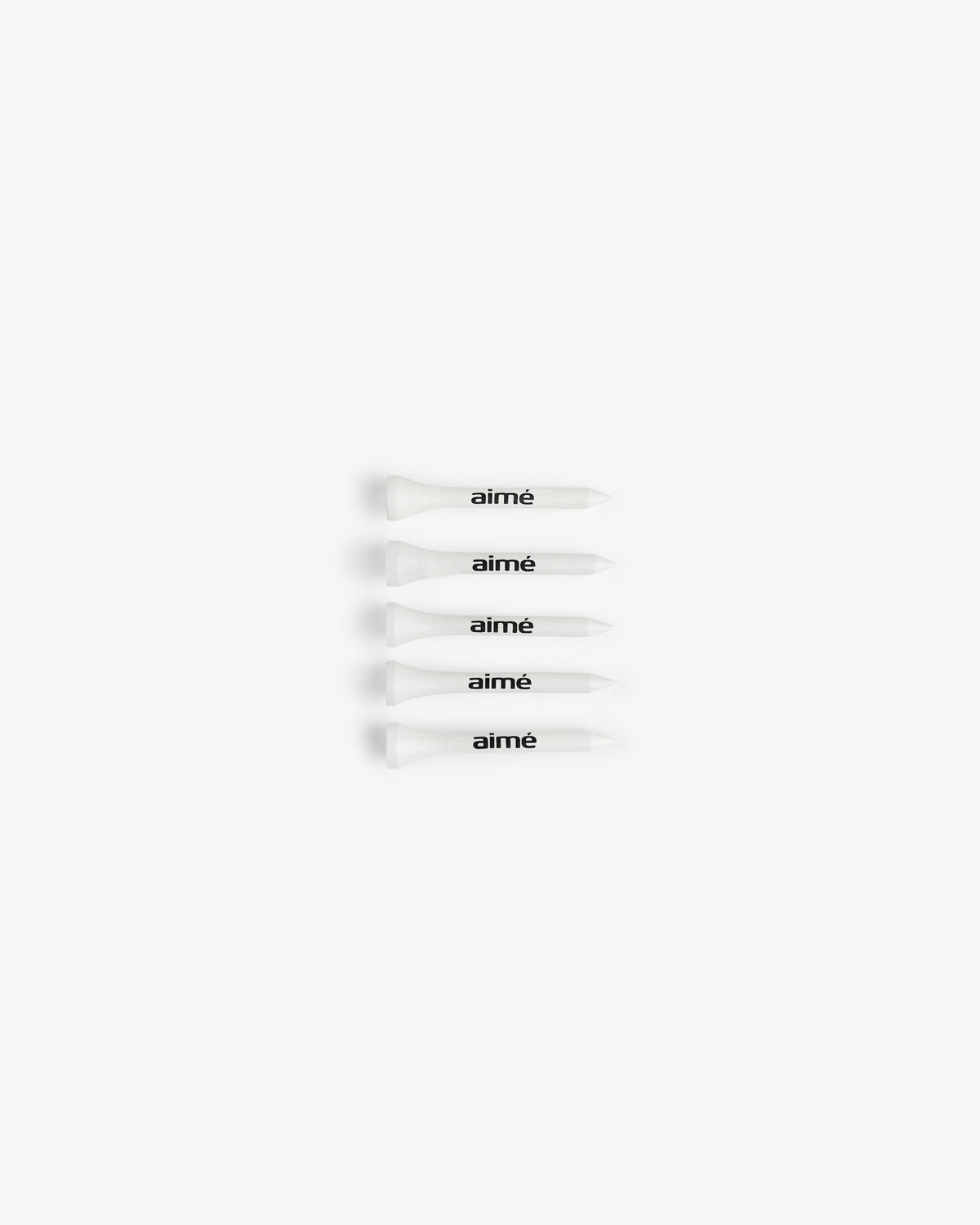 Fifty white ALD Golf Tees with "aimé" in black, arranged horizontally on a white background.