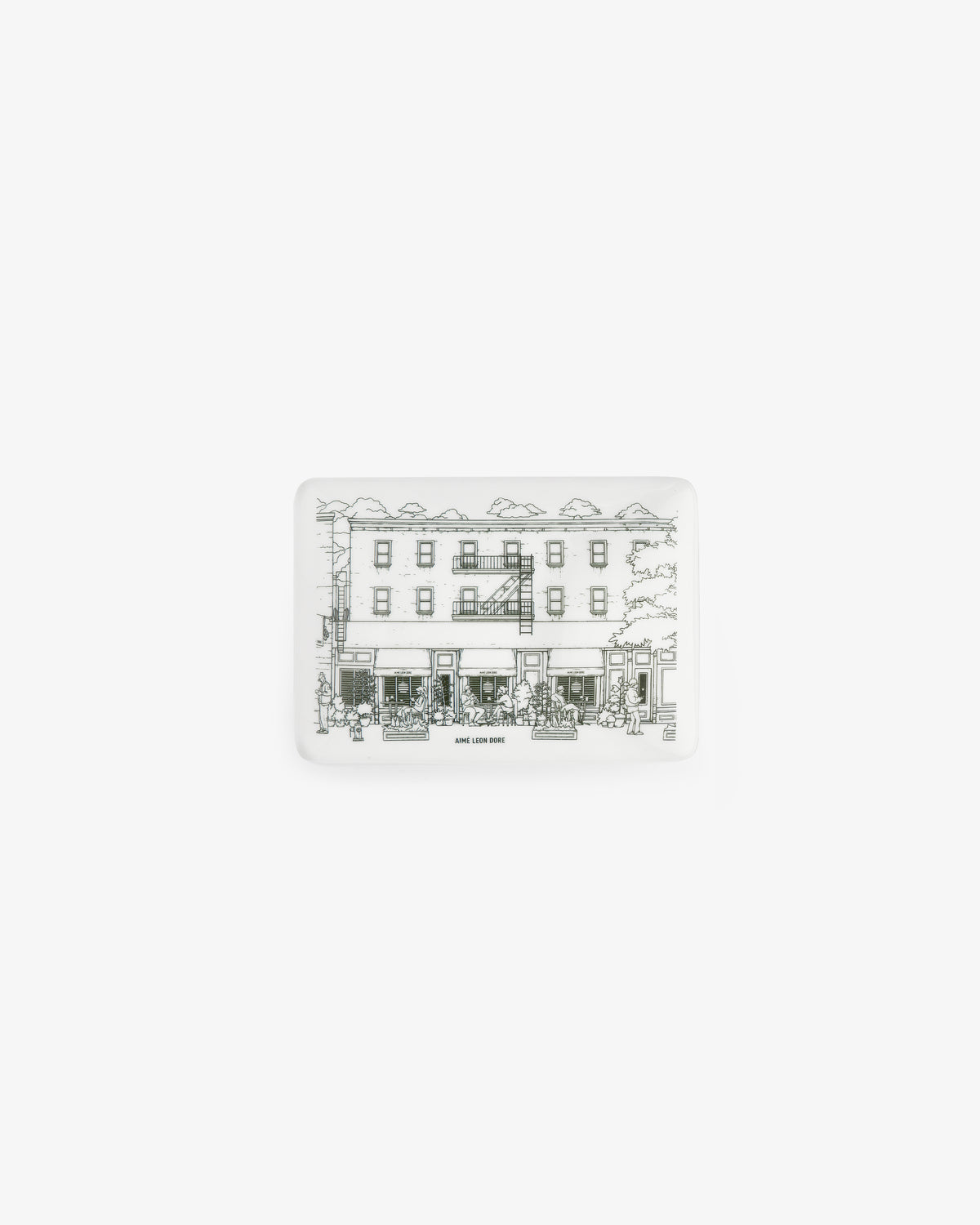 Mulberry Catchall Box: Rectangular white tray featuring a black line drawing of buildings, storefronts, trees, and people.