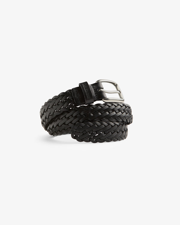 Braided Leather Belt in black with a silver buckle, coiled on a plain white background.