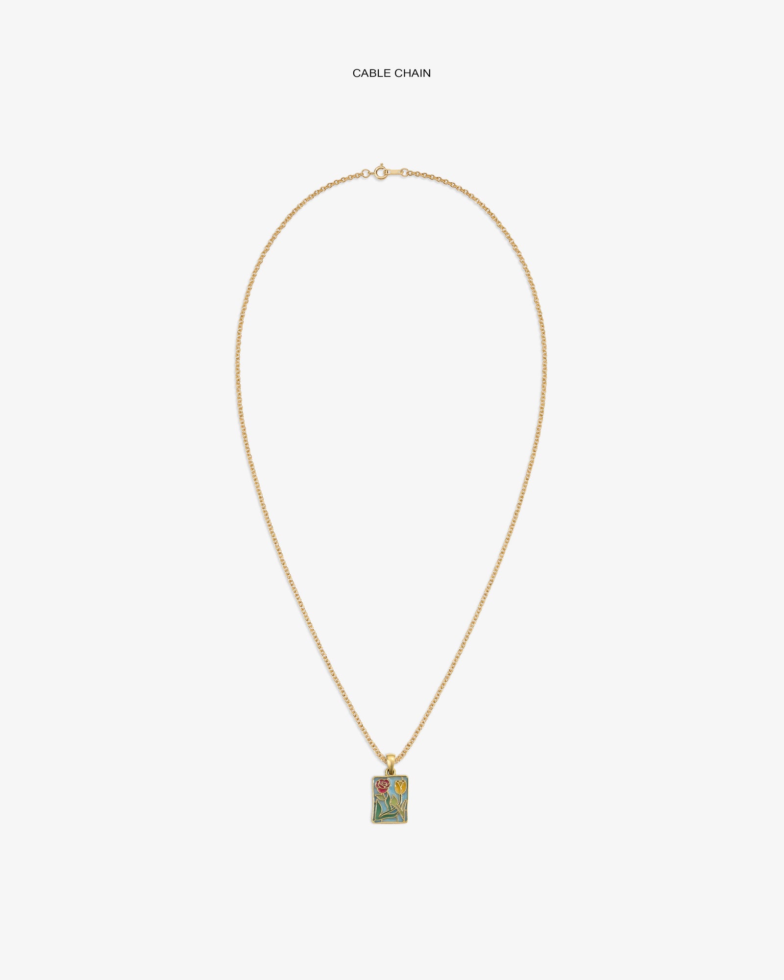 14Kt gold cable chain necklace with a colorful stained glass crest pendant.