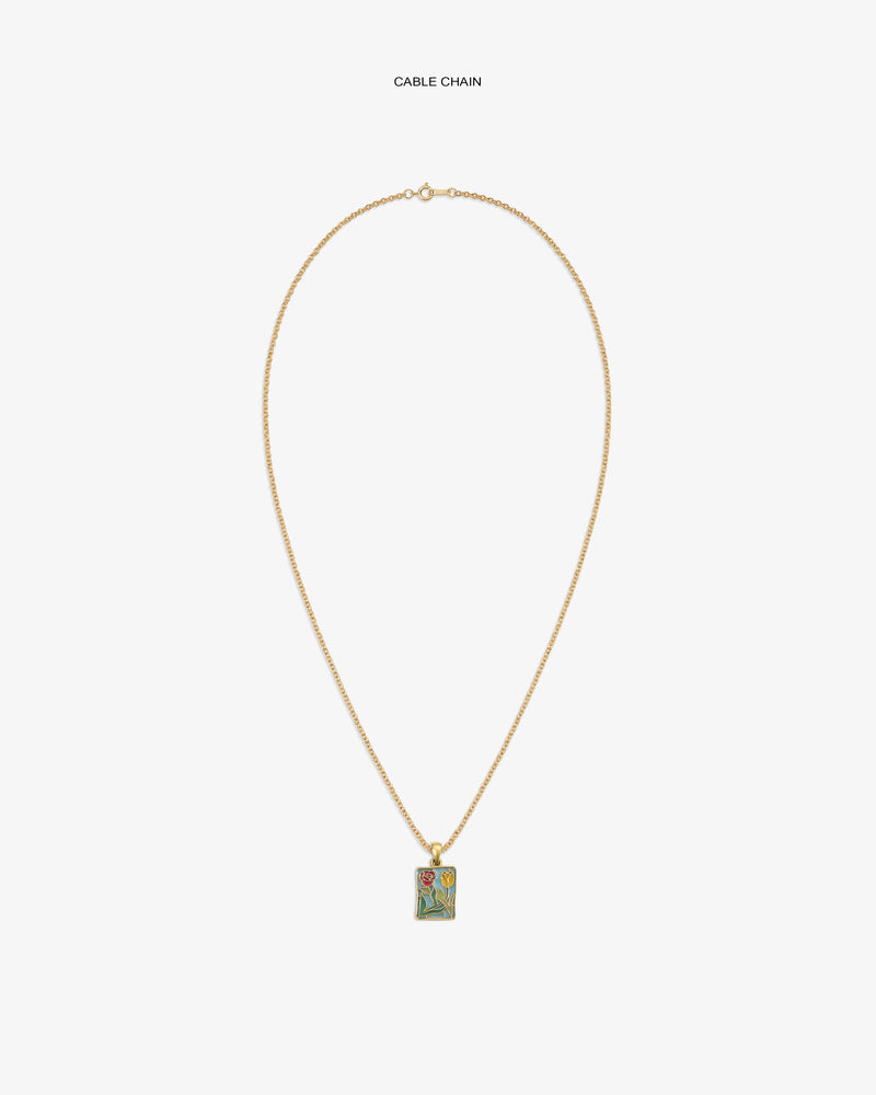 14Kt gold cable chain necklace with a colorful stained glass crest pendant.