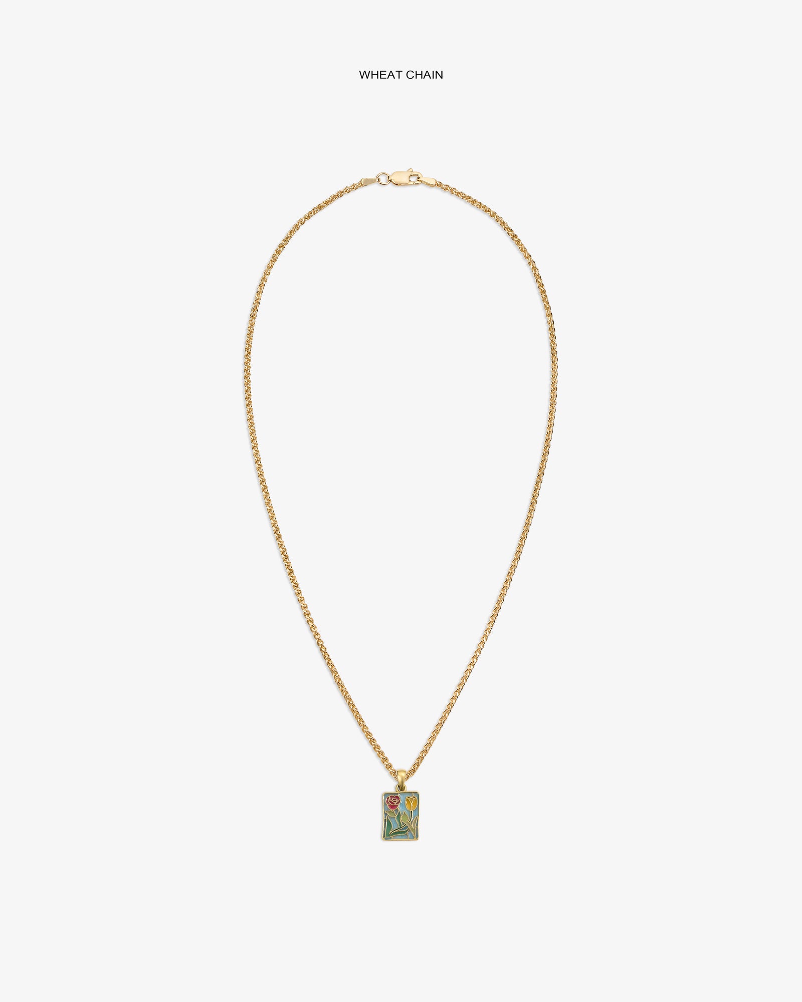 14Kt Gold Stained Glass Crest Pendant on a wheat chain, rectangular with a floral design, shown on white background.