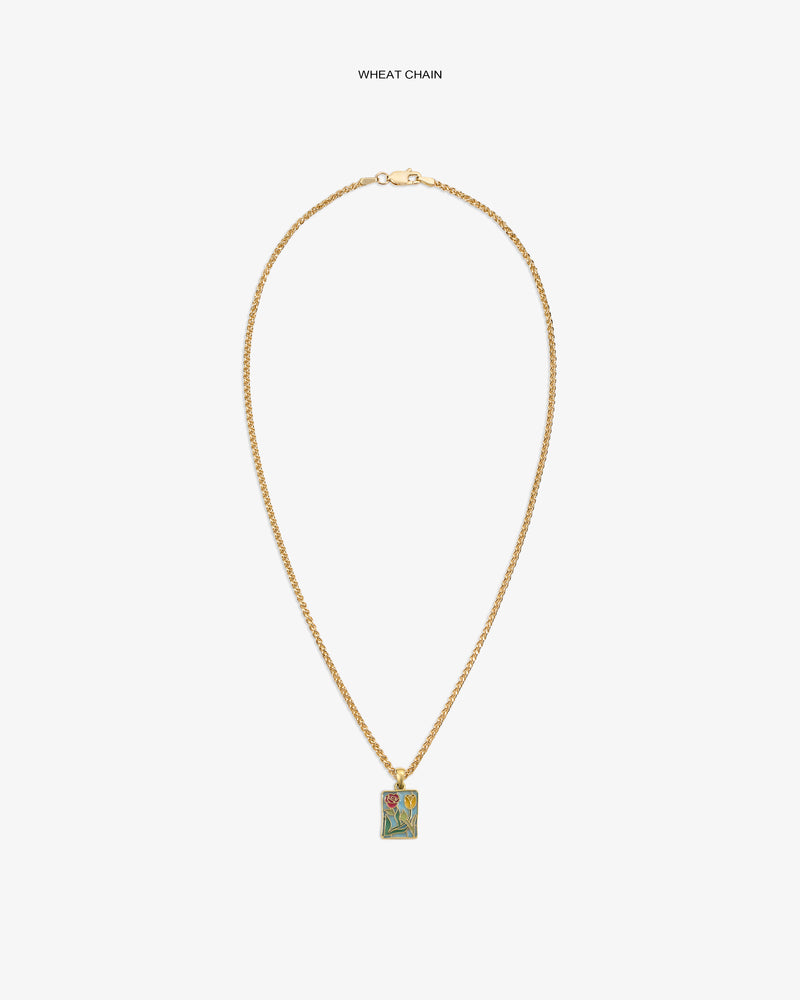 14Kt Gold Stained Glass Crest Pendant on a wheat chain, rectangular with a floral design, shown on white background.