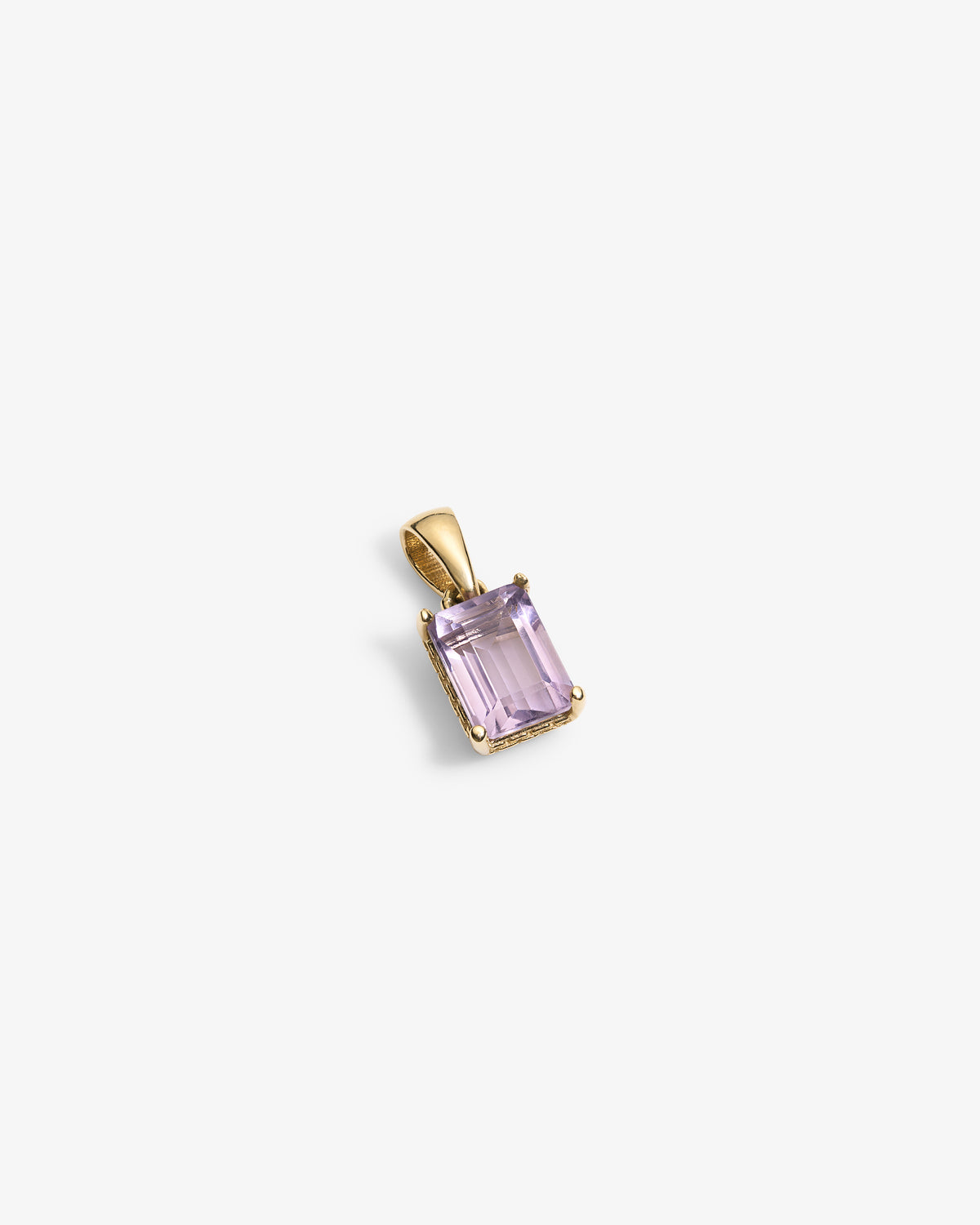 14Kt Gold Gemstone Pendant featuring a rectangular light purple stone in a prong setting on a white background.
