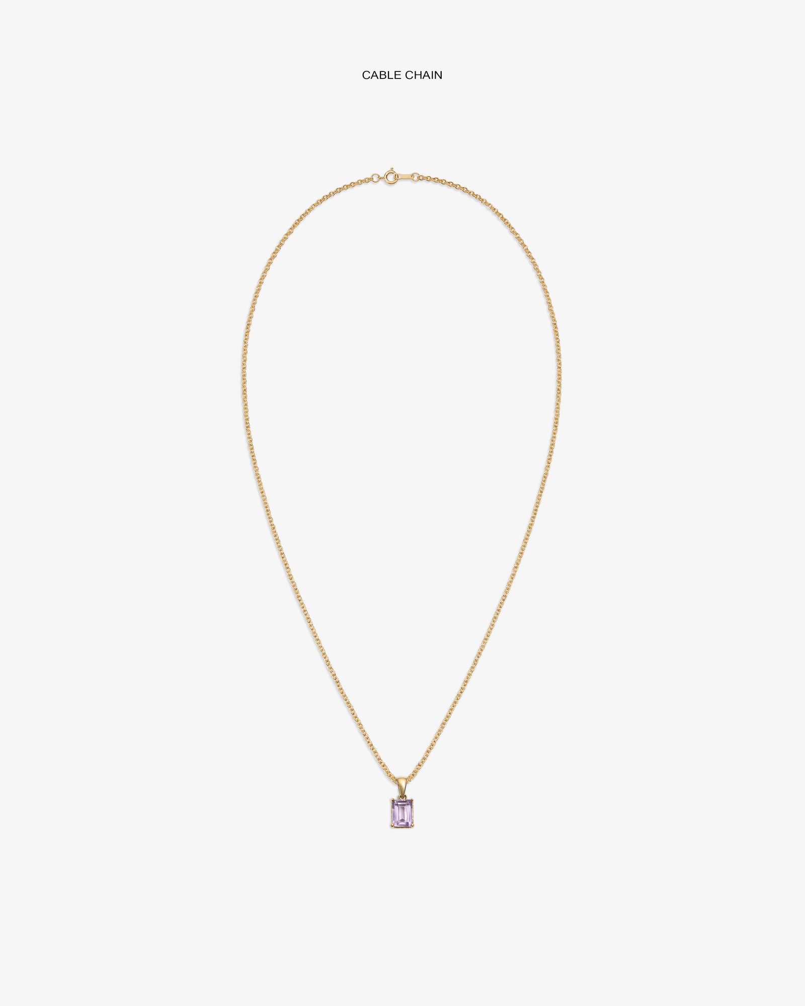 14Kt Gold Gemstone Pendant features a cable chain and a rectangular light purple stone on a white background.