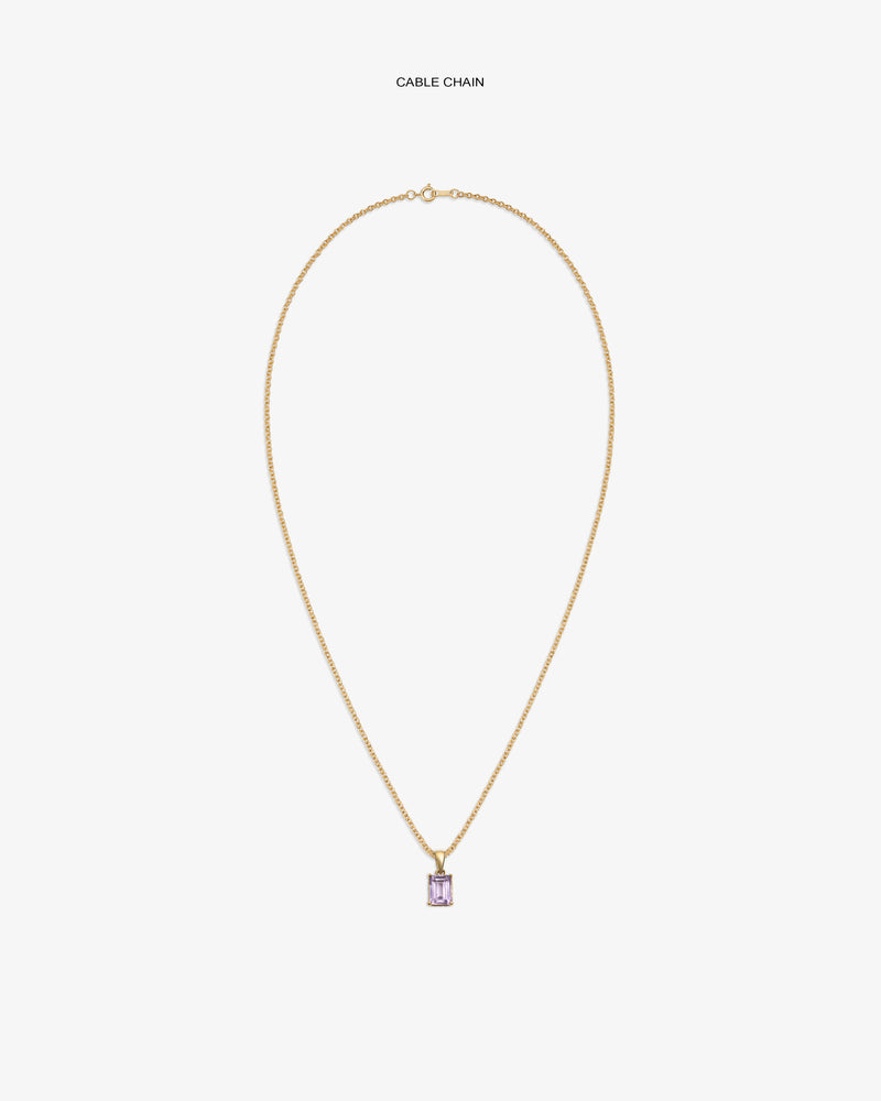 14Kt Gold Gemstone Pendant features a cable chain and a rectangular light purple stone on a white background.