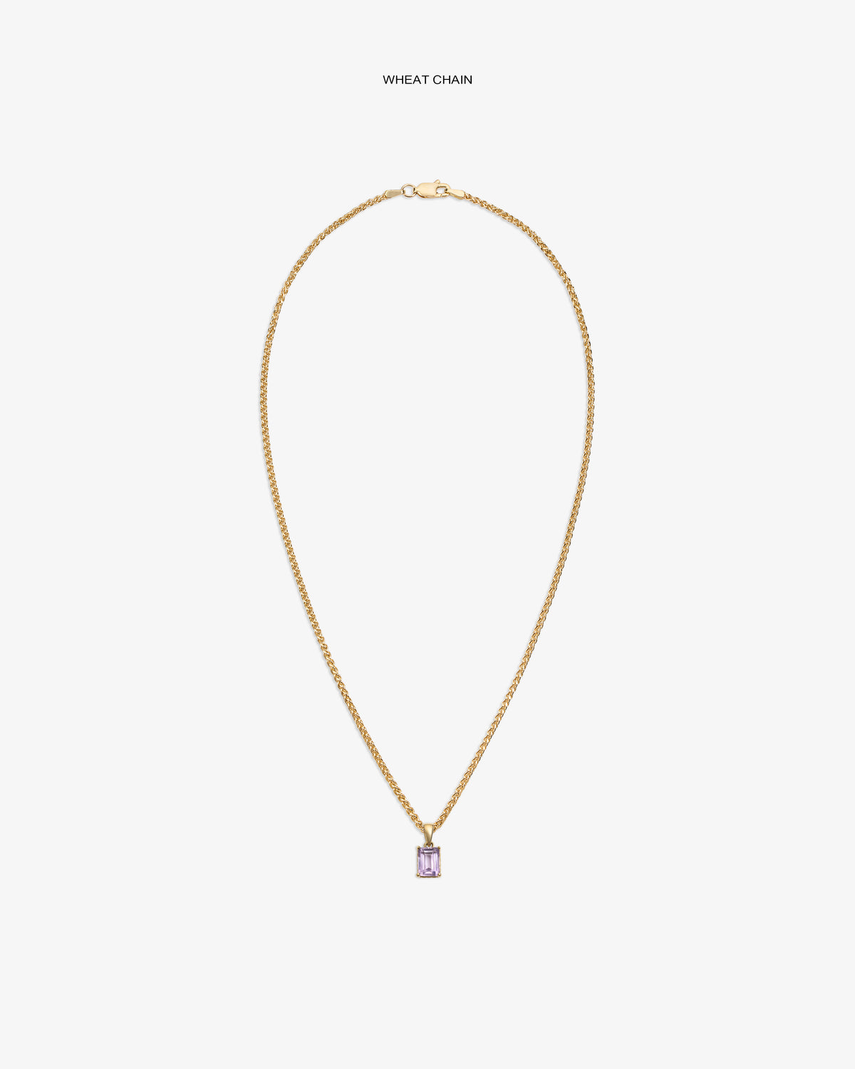 14Kt Gold Gemstone Pendant with purple rectangular stone on a wheat chain, shown against a white background.