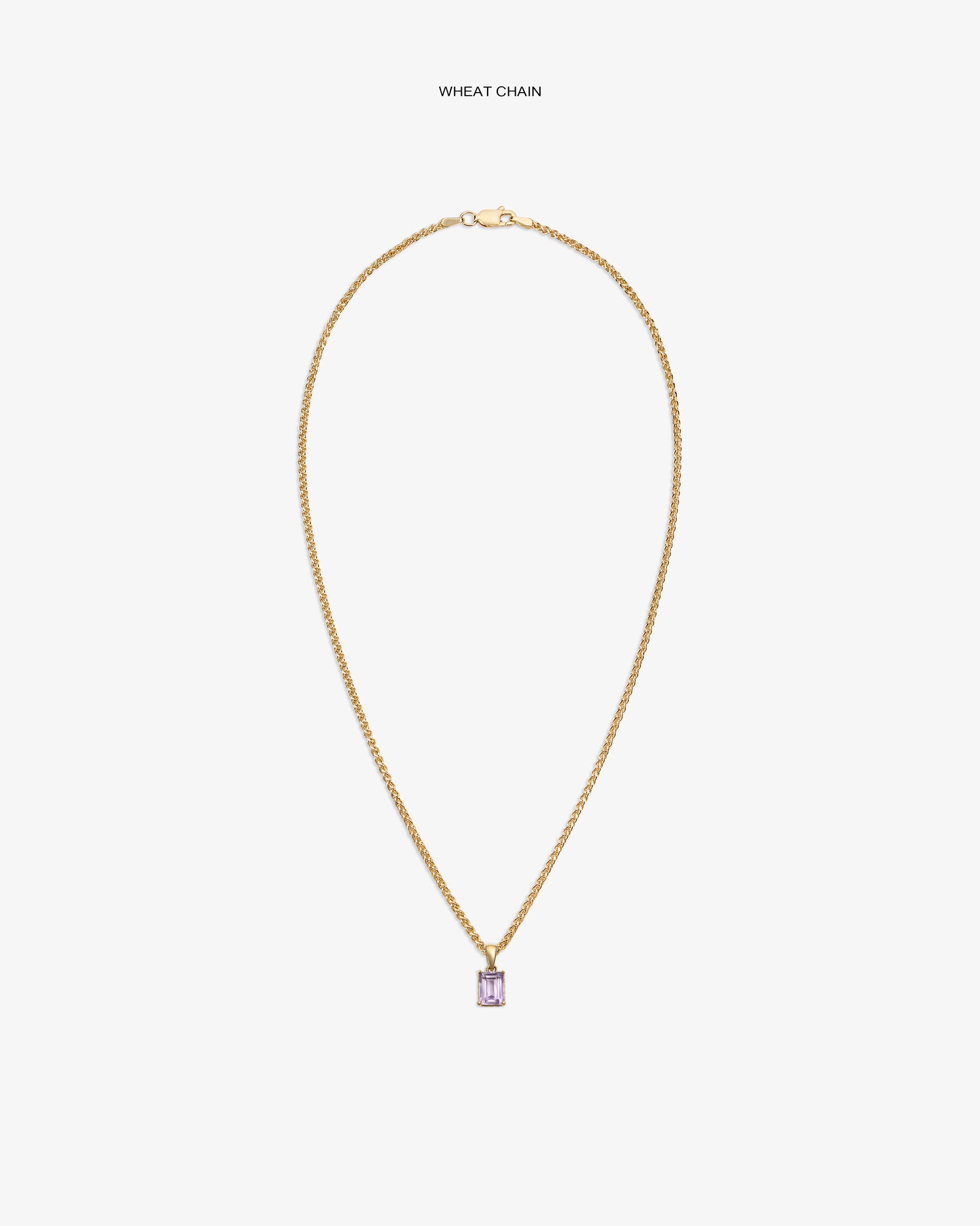 14Kt Gold Gemstone Pendant with purple rectangular stone on a wheat chain, shown against a white background.