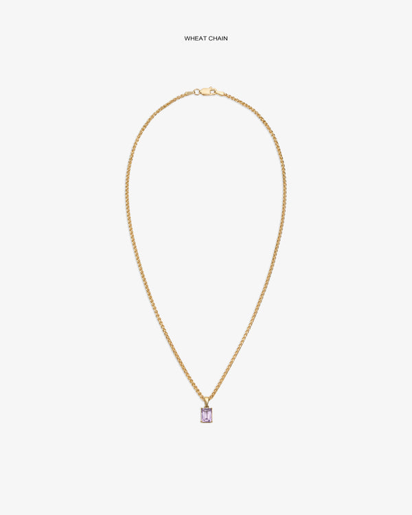 14Kt Gold Gemstone Pendant with purple rectangular stone on a wheat chain, shown against a white background.