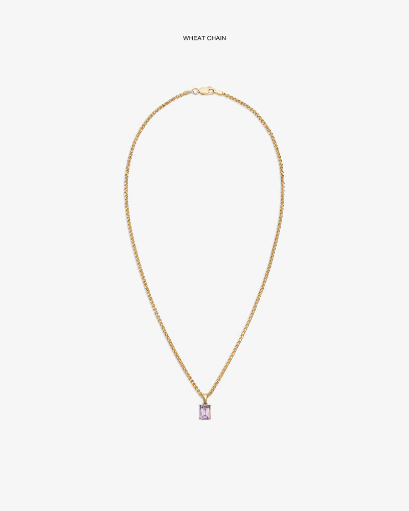 14Kt Gold Gemstone Pendant with purple rectangular stone on a wheat chain, shown against a white background.