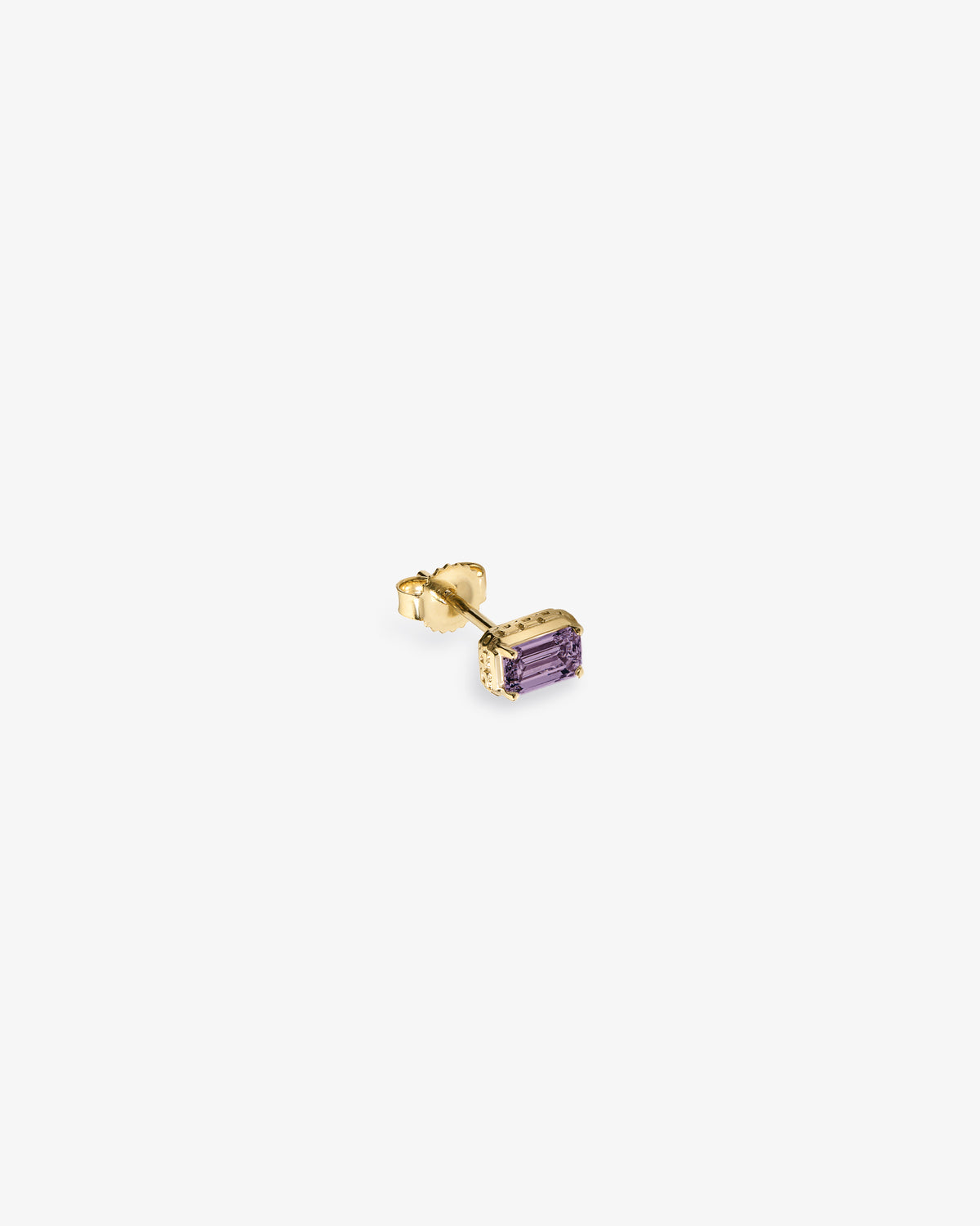 14Kt Gold Amethyst Earring featuring a rectangular purple gemstone, shown on a white background.