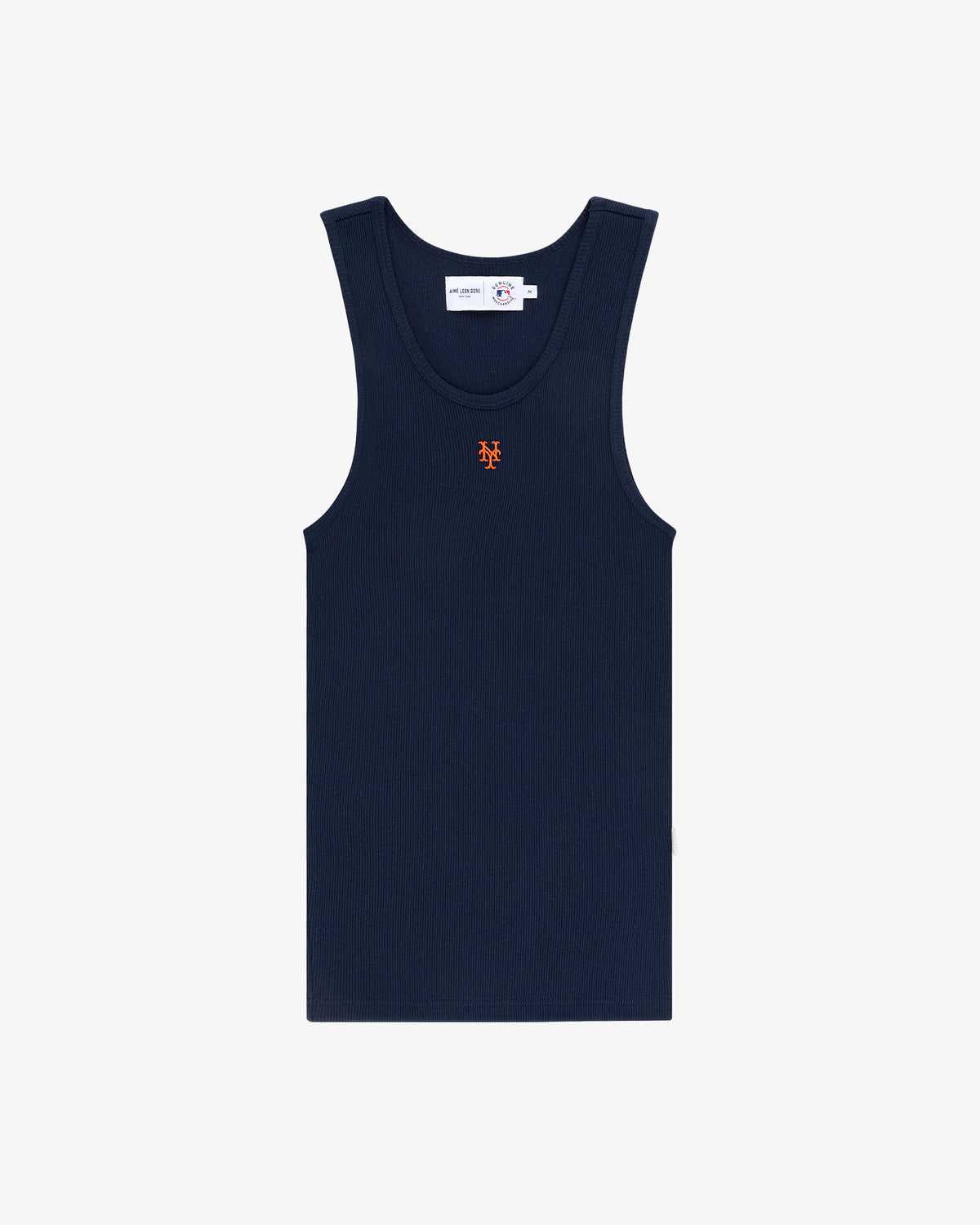 Mets Tank Top: navy blue ribbed tank with orange stitched logo on chest, shown on a white background.
