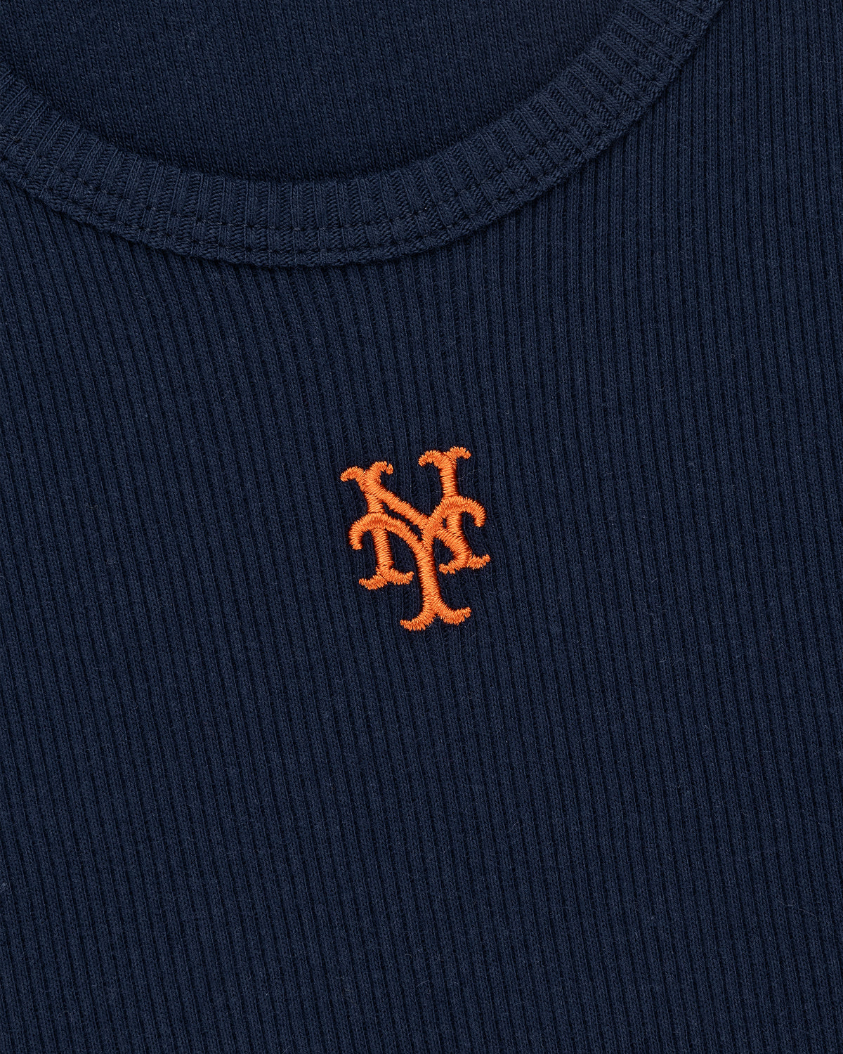 The Mets Tank Top features navy blue ribbed fabric with an orange embroidered interlocking NY logo centered.