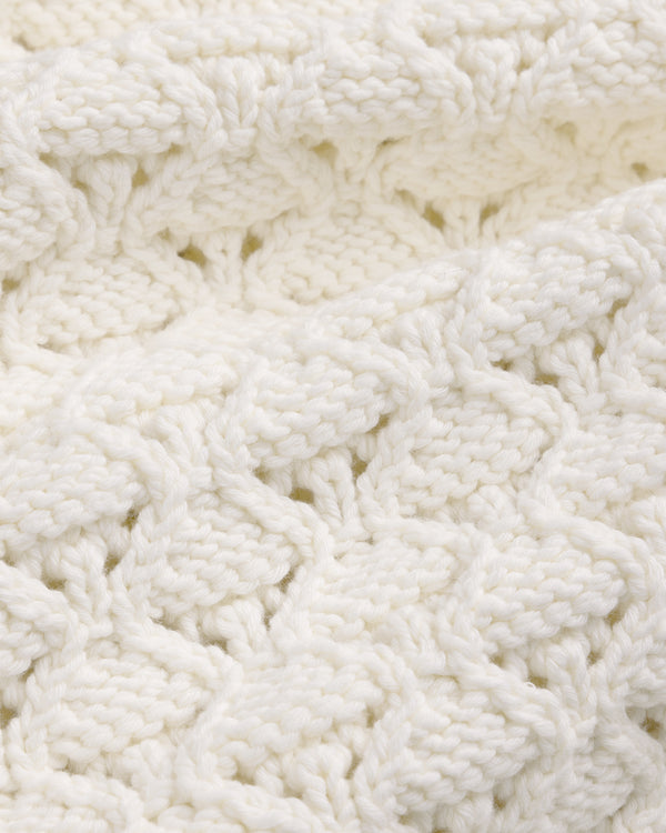 Close-up of the Eyelet Knit Crewneck Sweater in soft white with a textured geometric pattern.