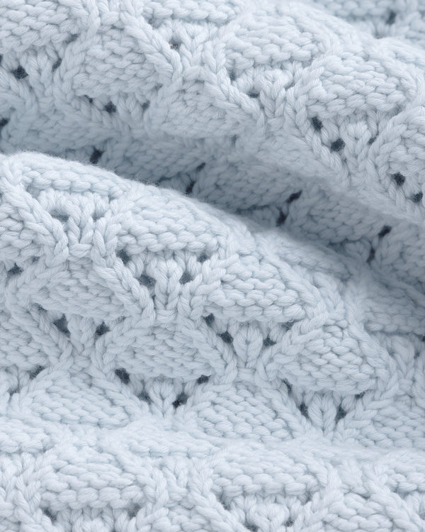 Light blue Eyelet Knit Crewneck Sweater with a textured, leaf-like pattern and soft, wavy folds.