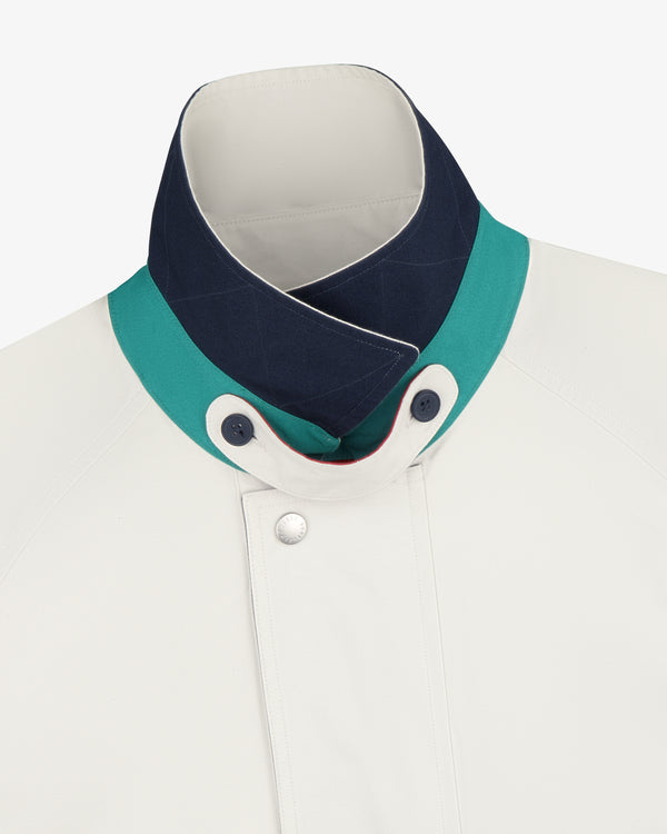 Sailing Jacket: White with navy & teal double collar, two-button and snap front closure.