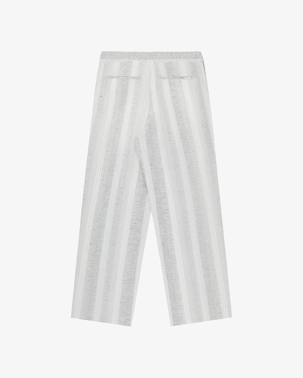 Fil Coupé Leisure Pant in white and gray stripes, features elastic waistband and two back pockets, shown on white.