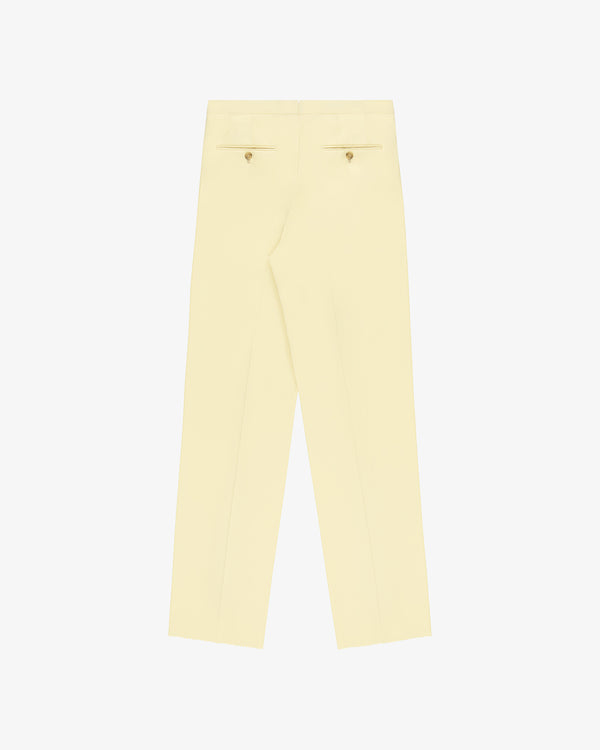 Back view of cream Gabardine Suit Trouser with two buttoned back pockets, laid flat on a white background.