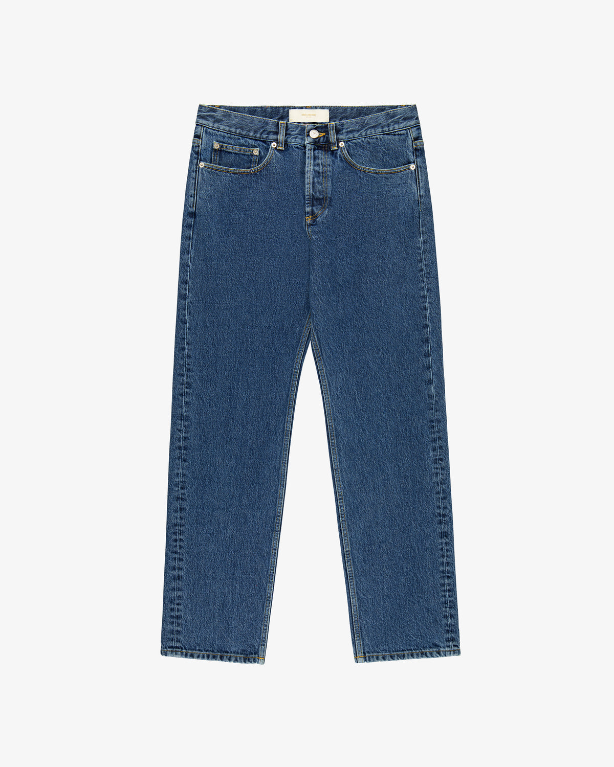 ALD Straight Fit Denim high-waisted blue jeans with front and back pockets, laid flat on a white background.