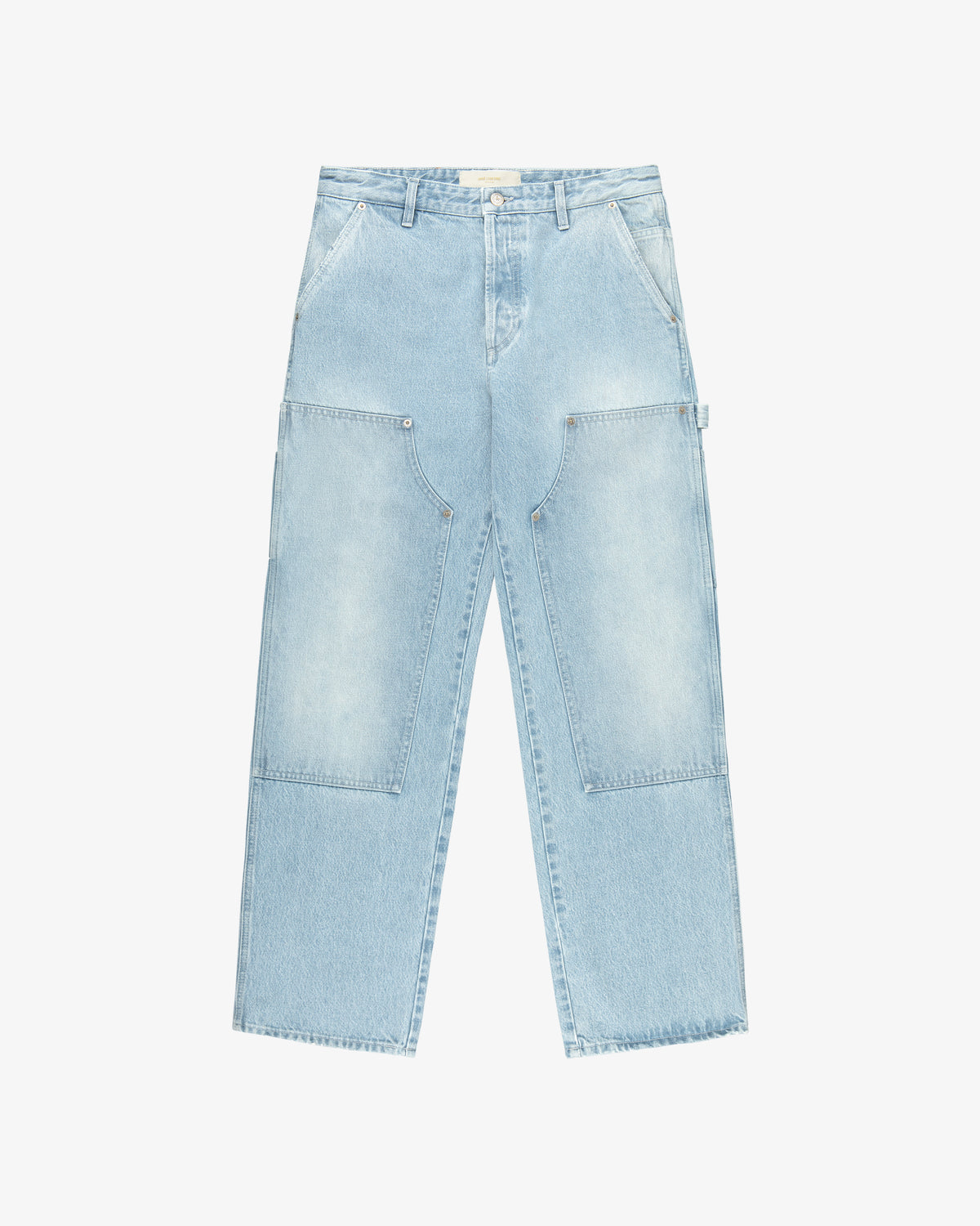 Denim Carpenter Pant in light blue with wide legs, large front patch pockets, and button closure, shown flat on white.