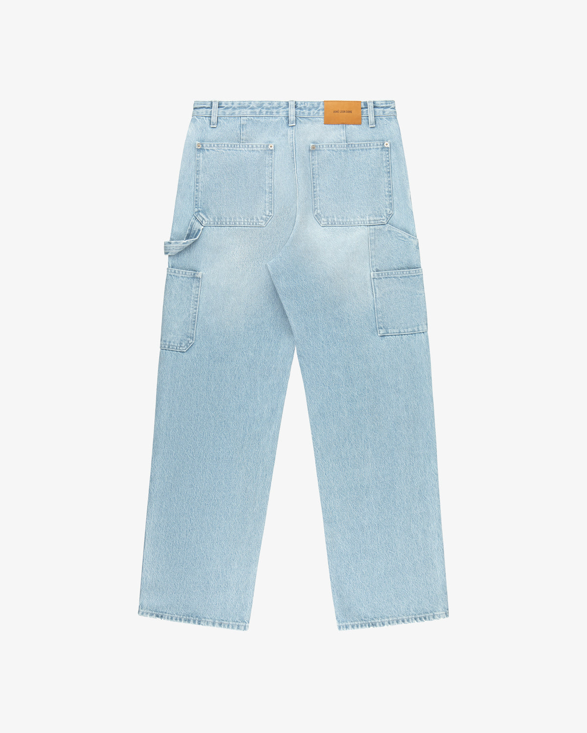 Light blue Denim Carpenter Pant viewed from the back, with large pockets and a tan leather patch on the waistband.