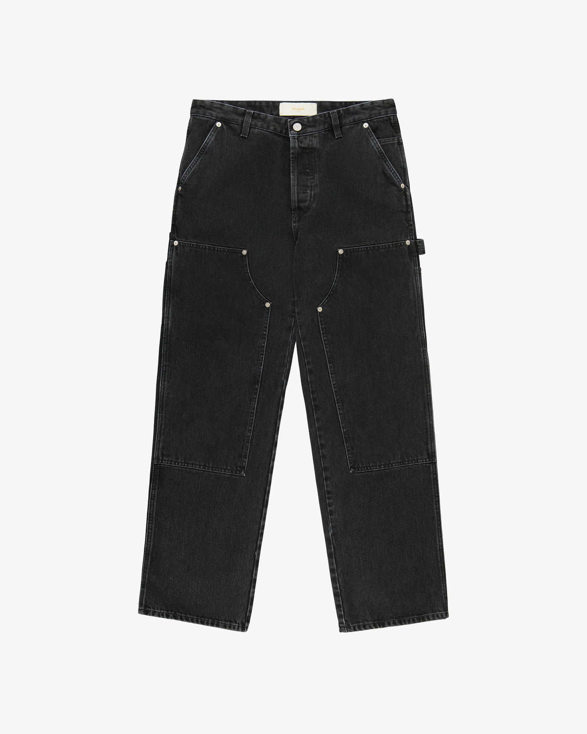 Denim Carpenter Pant with front patch pockets, button closure, and visible stitching, laid flat on a white background.