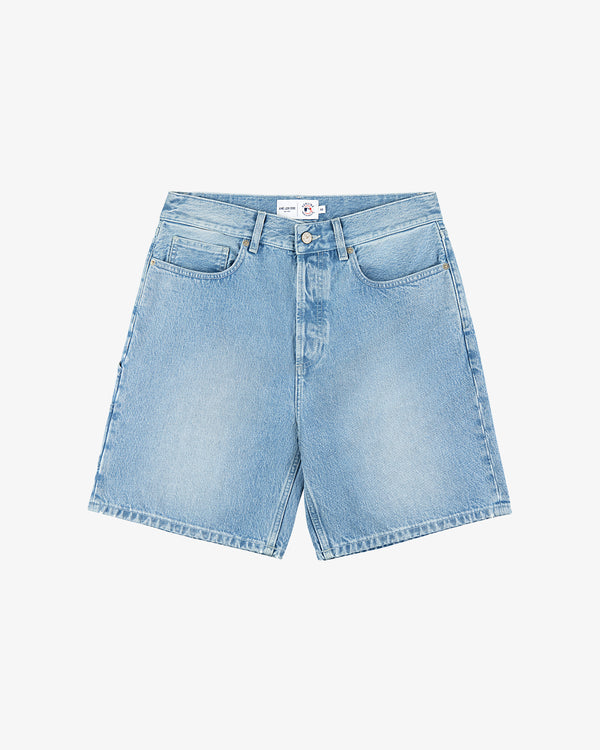 ALD / New York Mets Denim Shorts in light blue with pockets, belt loops, and button closure on white background.