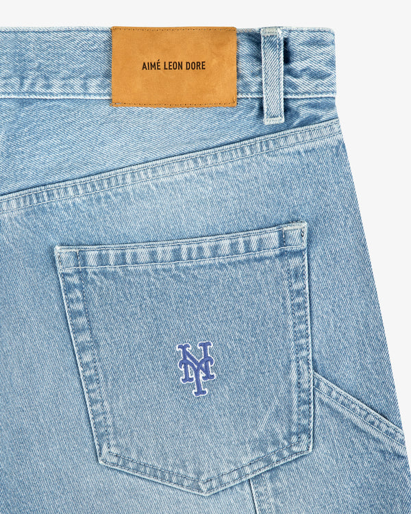 ALD / New York Mets Denim Shorts: Light blue with NY logo on back pocket and brown AIMÉ LEON DORE waistband label.
