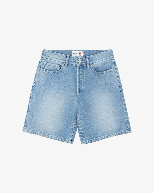 ALD / New York Yankees Denim Shorts in light blue with front pockets and button closure, shown laid flat on white.