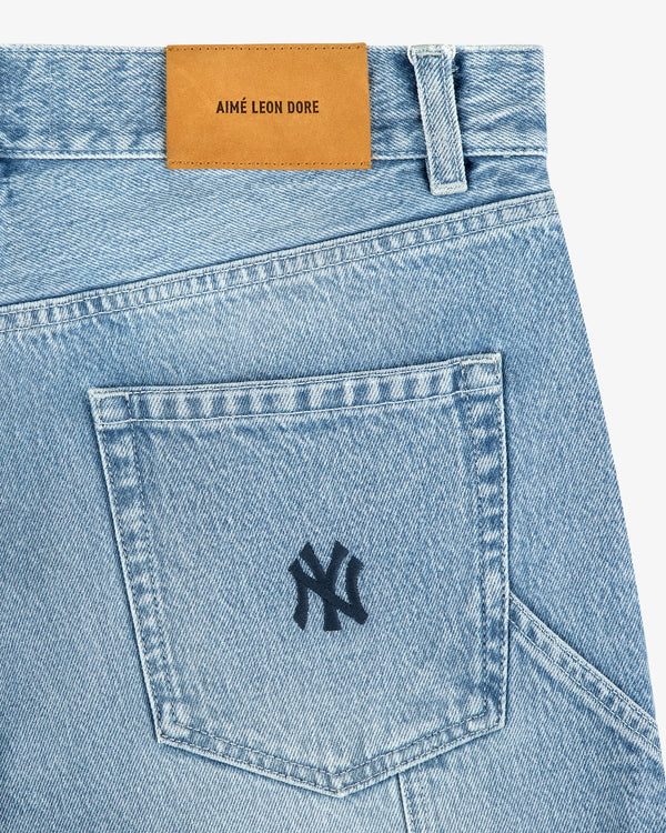 ALD / New York Yankees Denim Shorts: Light blue denim, navy NY logo on pocket, tan Aimé Leon Dore patch on waist.