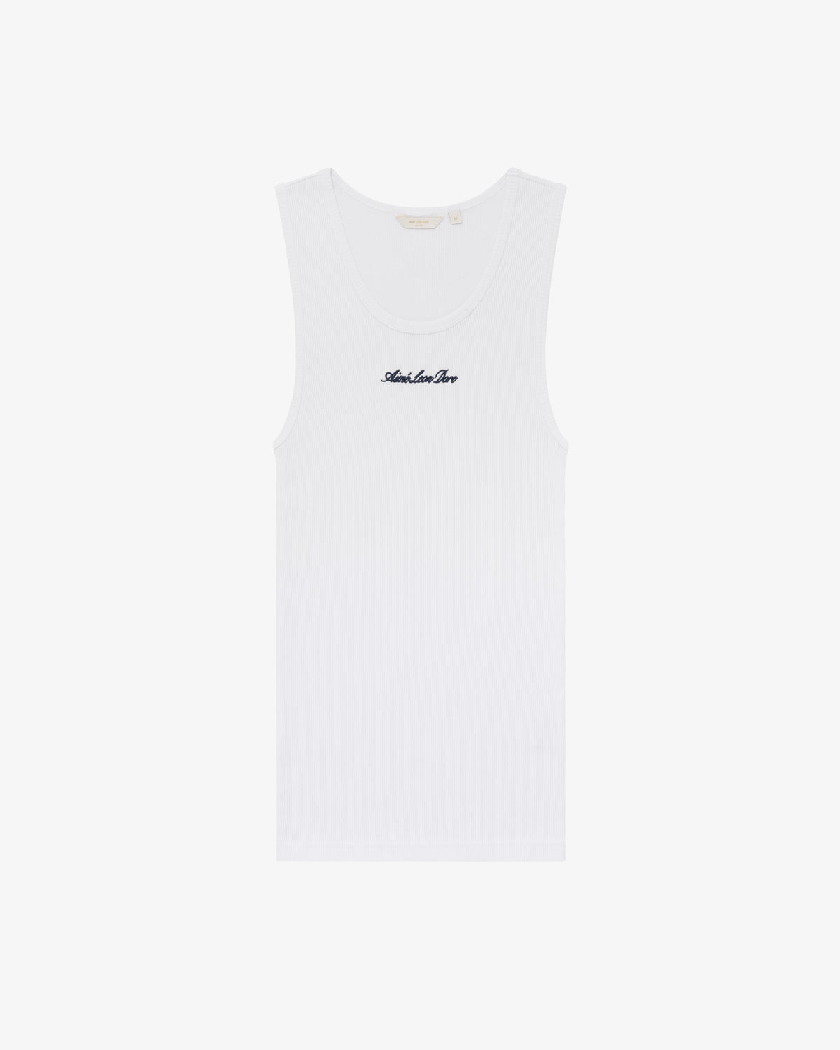 White Embroidered Logo Tank Top featuring "Andrea Lee" in small black script on the front center, shown on plain background.
