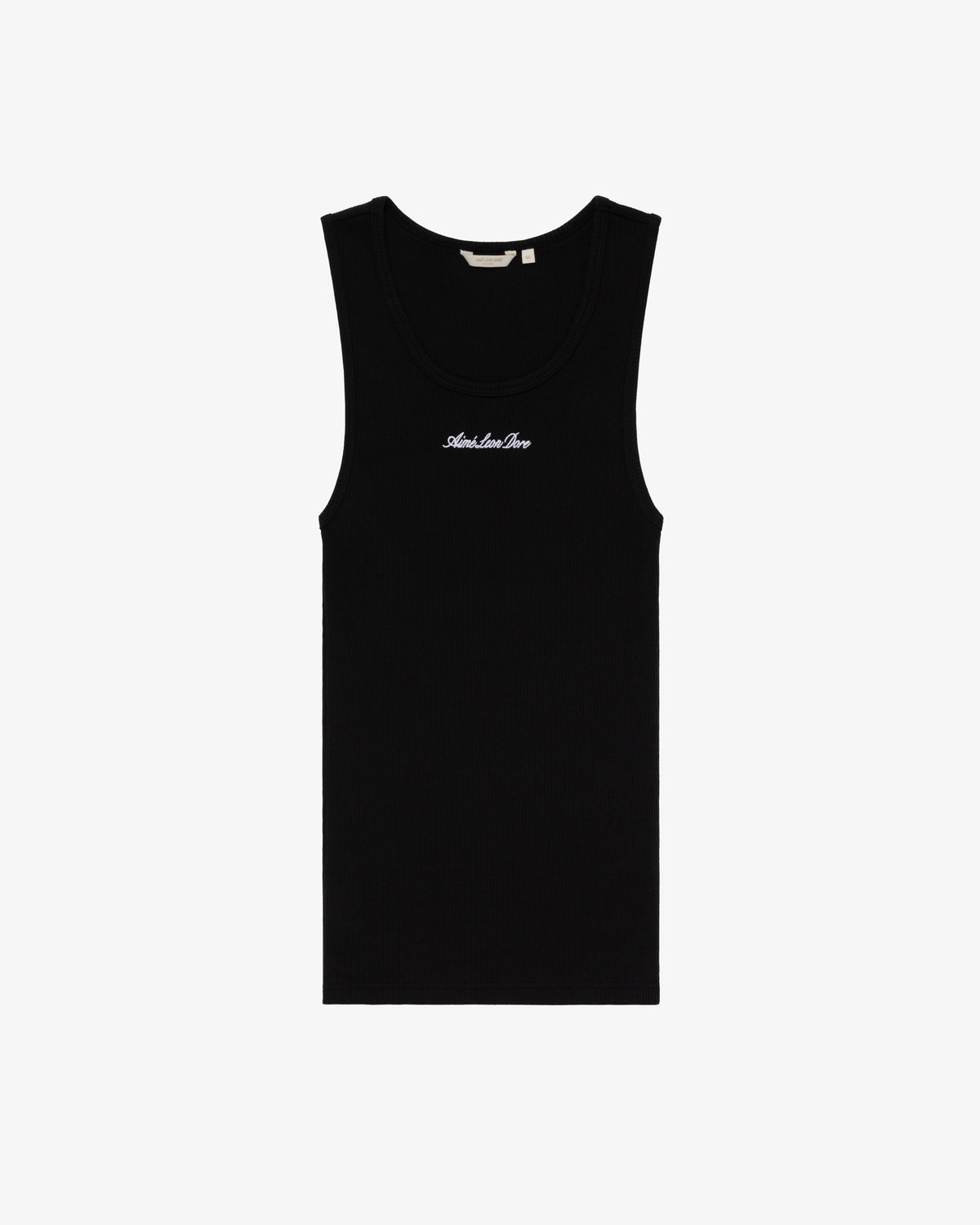Black Embroidered Logo Tank Top with small white "Amiri Love Pays" text on the front center.