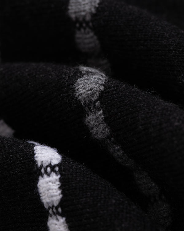 Close-up of Jacquard Stripe Polo Cardigan fabric with white and gray argyle-style knit pattern.