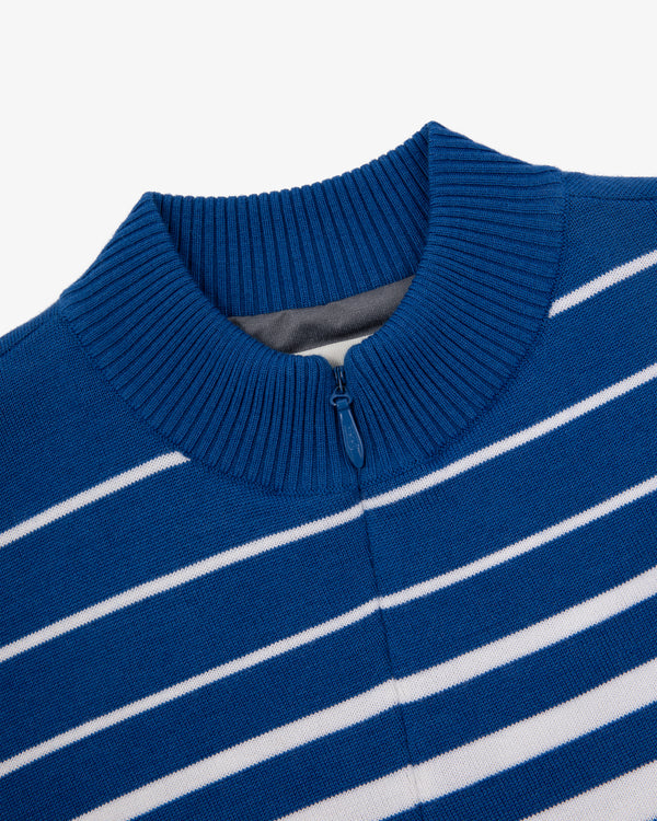 WINDSTOPPER® Striped Knit Cycling Jersey by GORE-TEX LABS in blue with white stripes, zip-up ribbed collar shown.