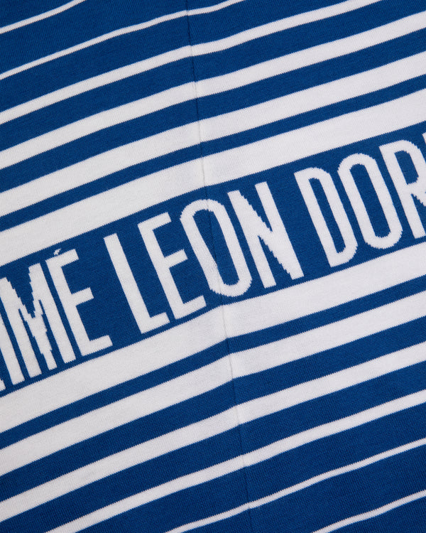 Blue and white striped WINDSTOPPER® Knit Cycling Jersey by GORE-TEX LABS, with bold white partial LEON DOR text.