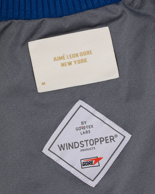 Gray fabric WINDSTOPPER® Striped Knit Cycling Jersey by GORE-TEX LABS with Aimé Leon Dore NY labels stitched on.