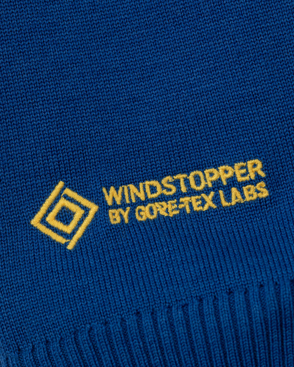 Blue WINDSTOPPER® Striped Knit Cycling Jersey by GORE-TEX LABS with yellow text and geometric stitched logo.